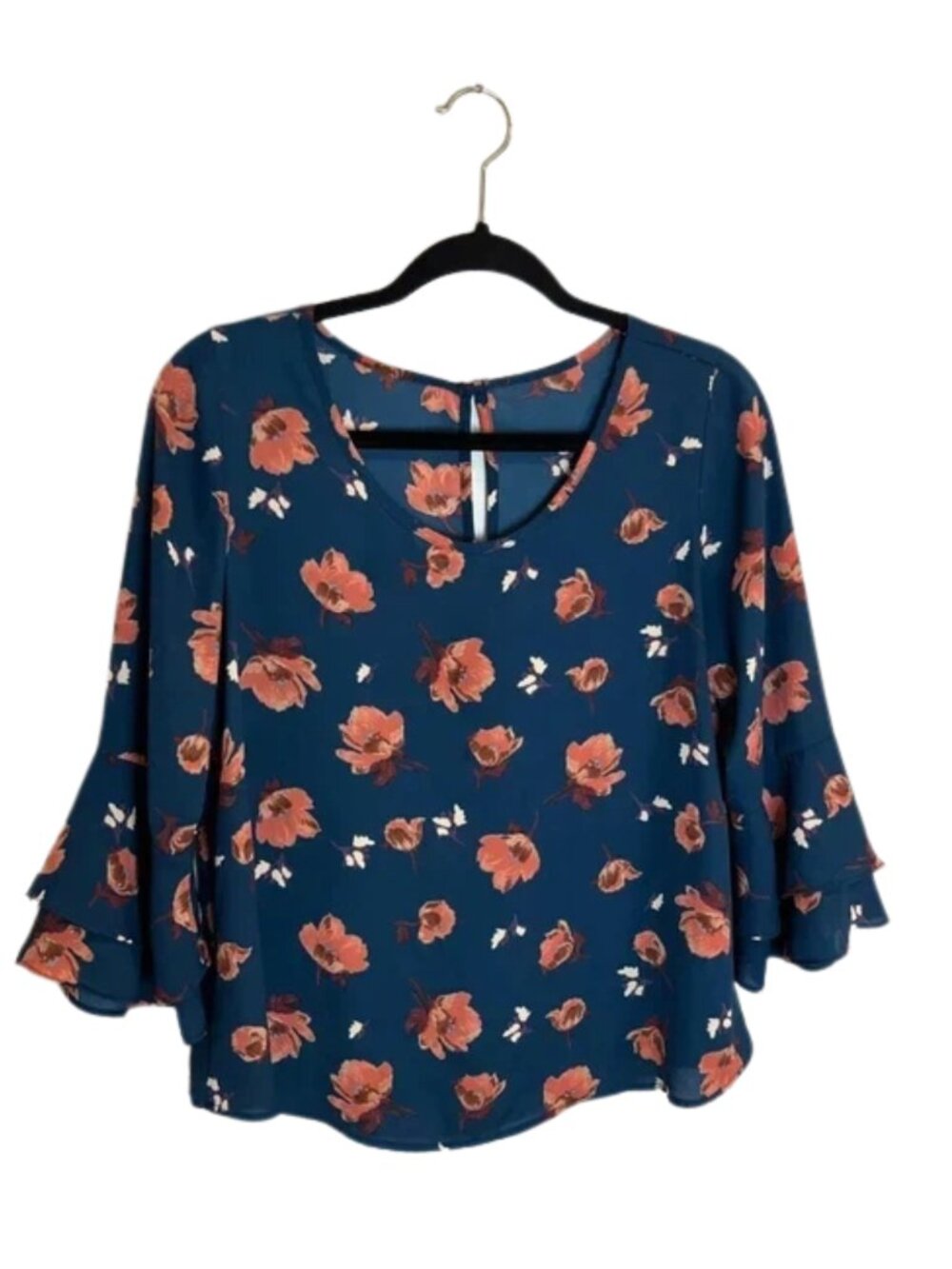 Women's Floral Scoop Neck Bell Sleeve Blouse Turquoise Pink Size S